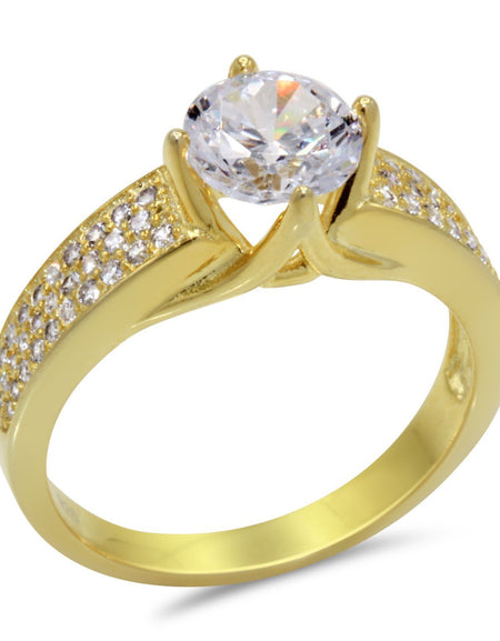 CZ 7mm Sterling Silver Gold Plated Crossover Halo Engagement Ring