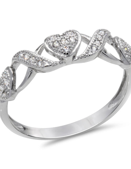 CZ 4mm Sterling Silver Plated Crossover Heart Halo Promise, Engagement Ring