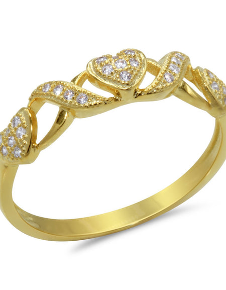 CZ 4mm Sterling Silver Gold Plated Crossover Heart Halo Engagement Ring