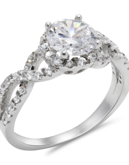 CZ 7mm Center Stone Sterling Silver Plated Crossover Halo Engagement Ring