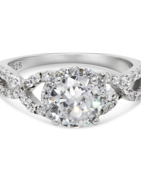 CZ 7mm Center Stone Sterling Silver Plated Crossover Halo Engagement Ring