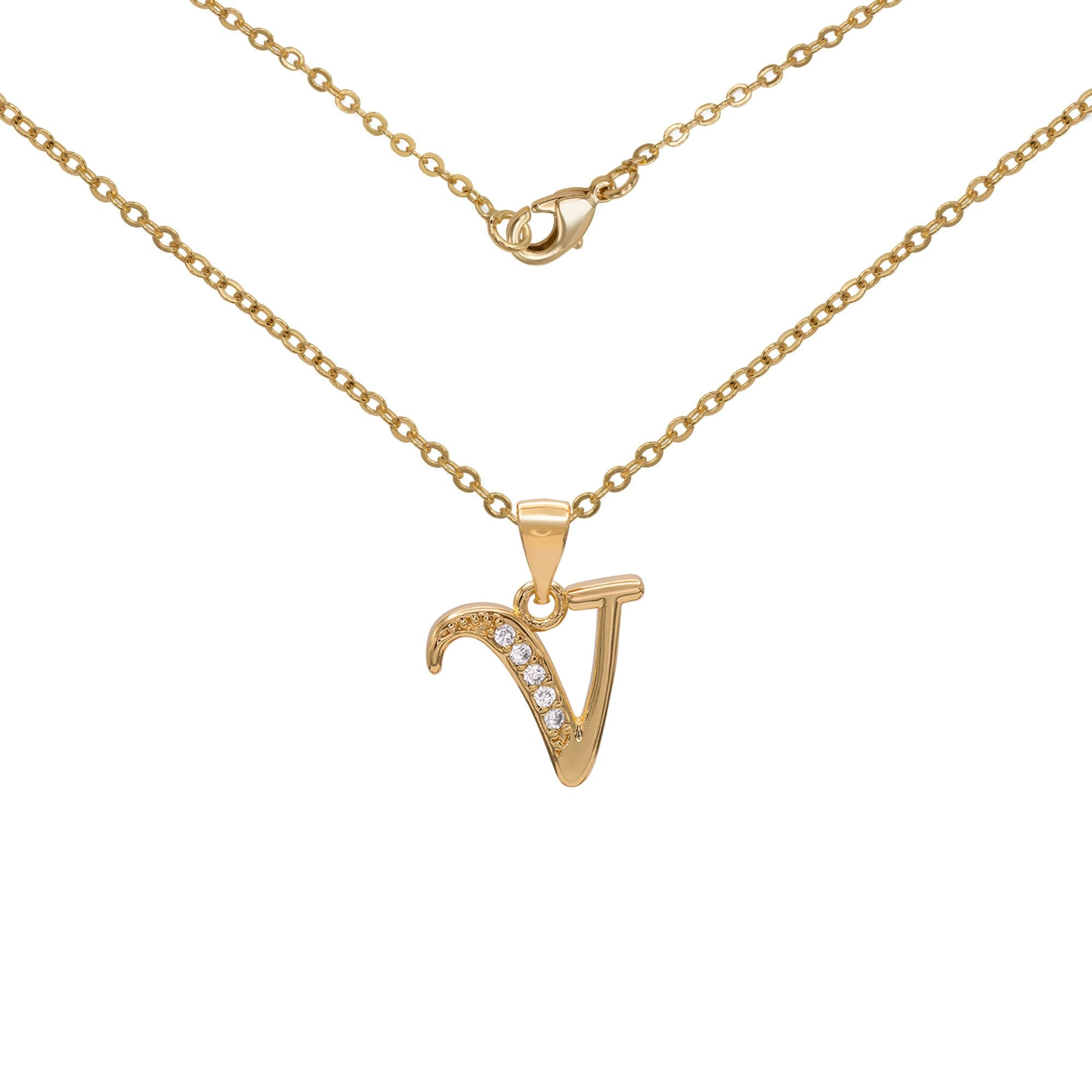 Initial Letter Pendant With Cubic Zirconia 18K Gold Filled Alphabet CZ Charm Rolo Chain Set 18" Necklace Women Girl Teen