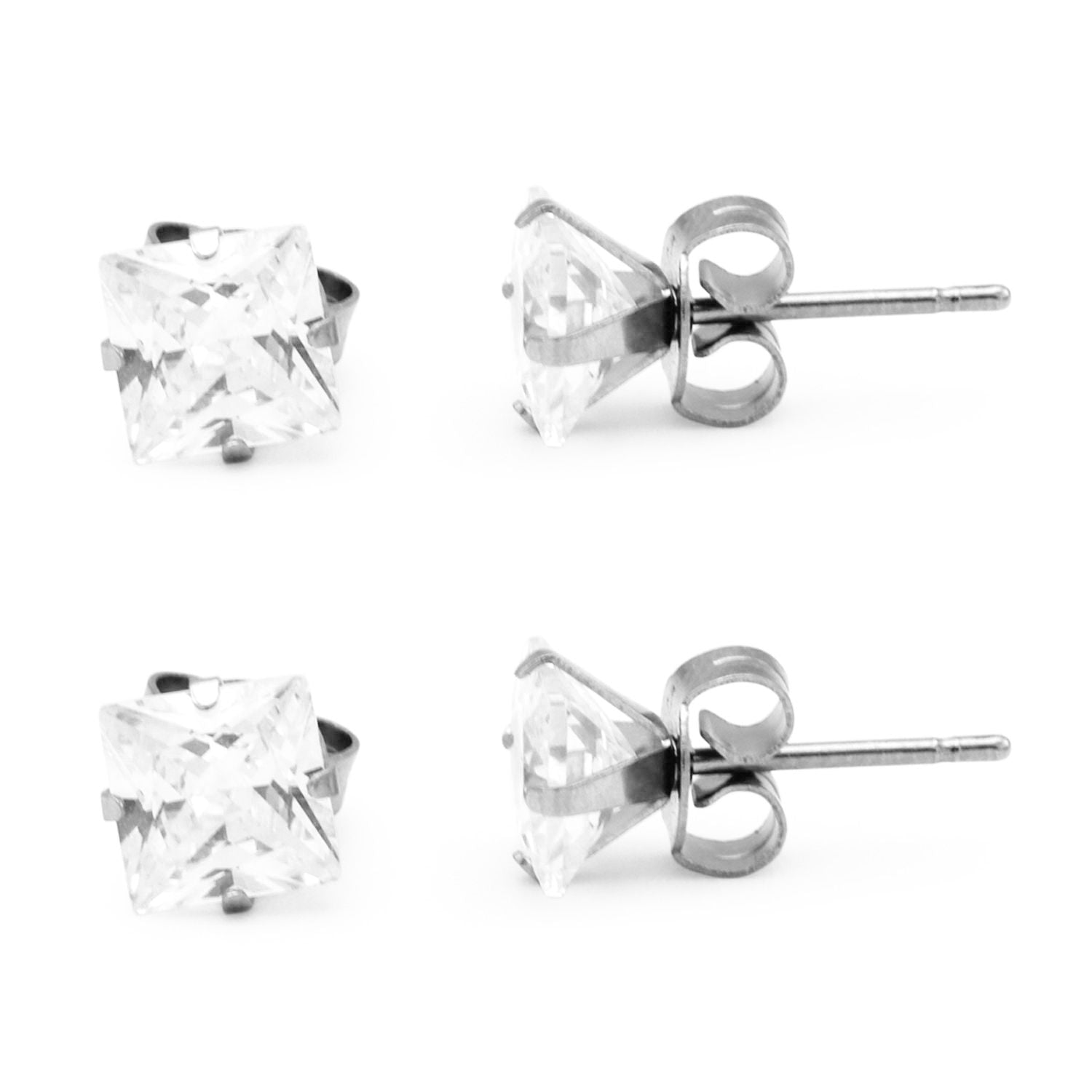 Cubic Zirconia Square Silver Stud Earrings Set Of 2 Stainless Steel Jewelry Men Women