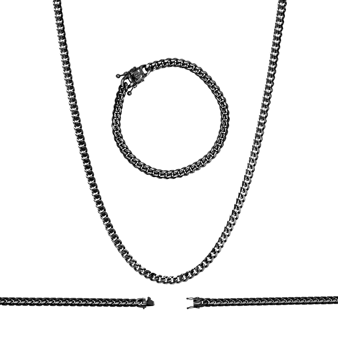 Black Cuban Link Chain Necklace 30" Bracelet 8.5" Stainless Steel Set For Men