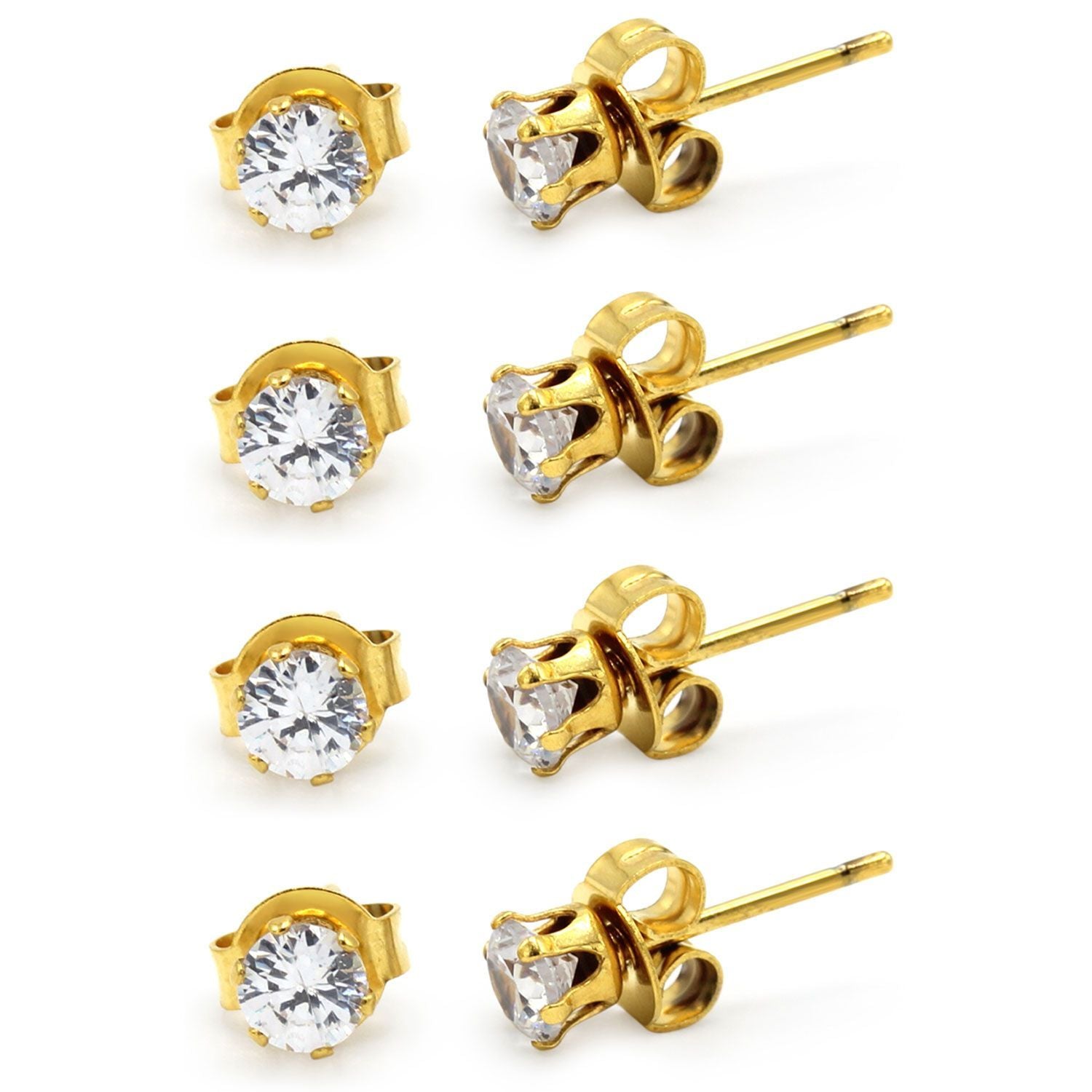 Cubic Zirconia Round 14K Gold Plated Stud Earrings Set Of 4 Stainless Steel Jewelry Men Women