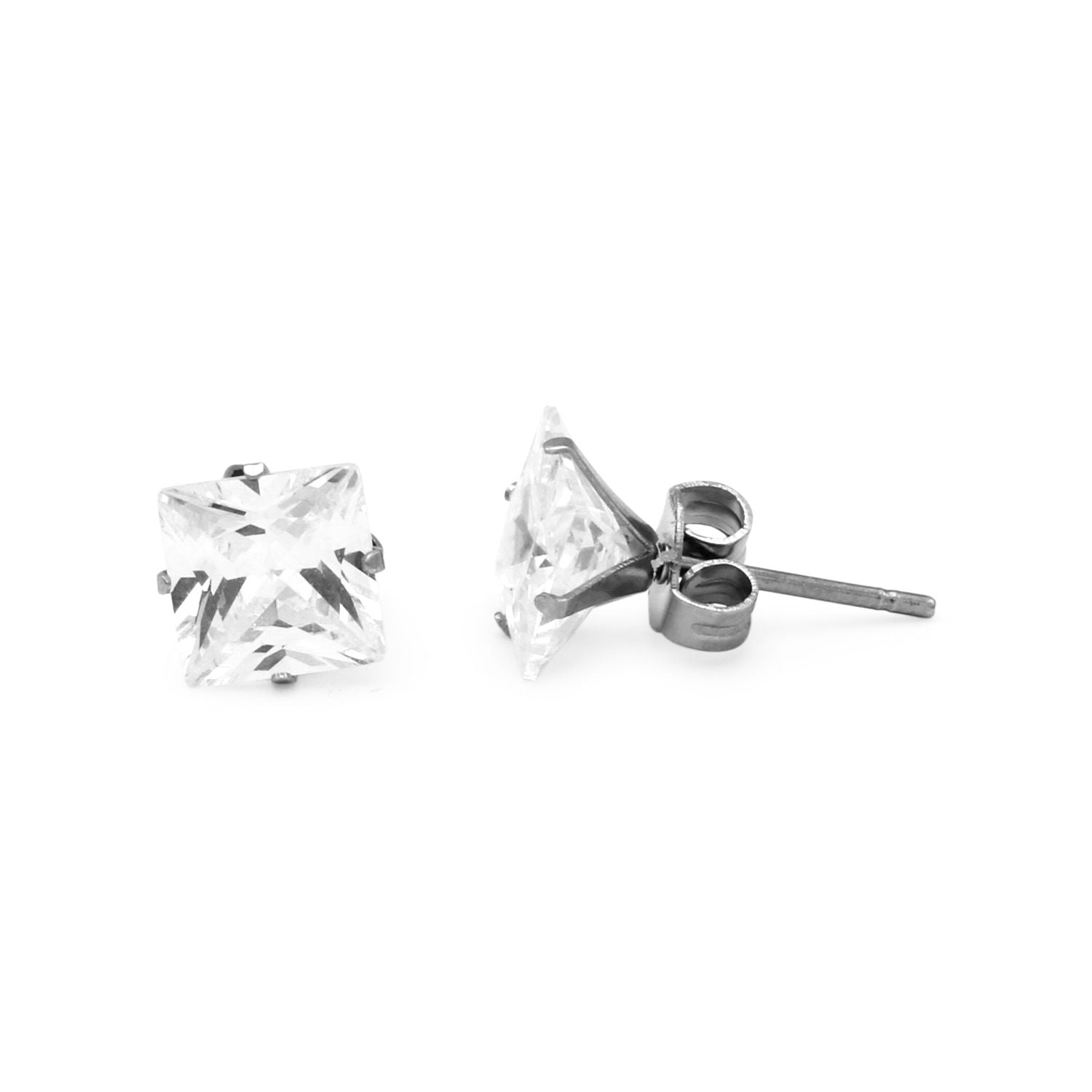 Cubic Zirconia Square Stud Earrings Stainless Steel Silver Jewelry Men Women