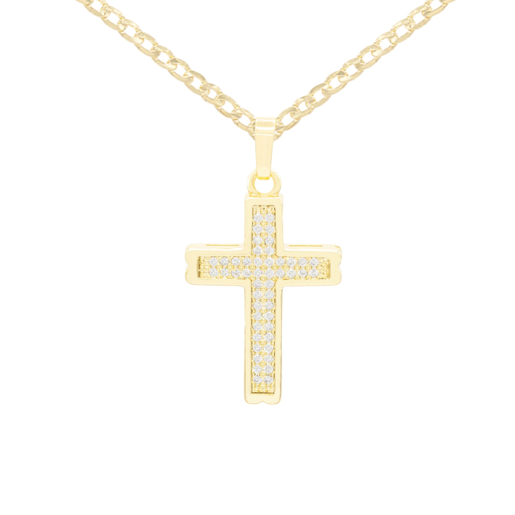 CZ Stone Bordered Cross Cubic Zirconia Pendant With Necklace Set 14K Gold Filled