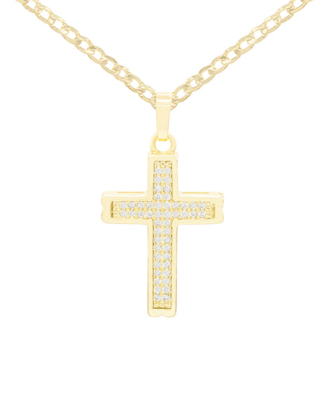 CZ Stone Bordered Cross Cubic Zirconia Pendant With Necklace Set 14K Gold Filled
