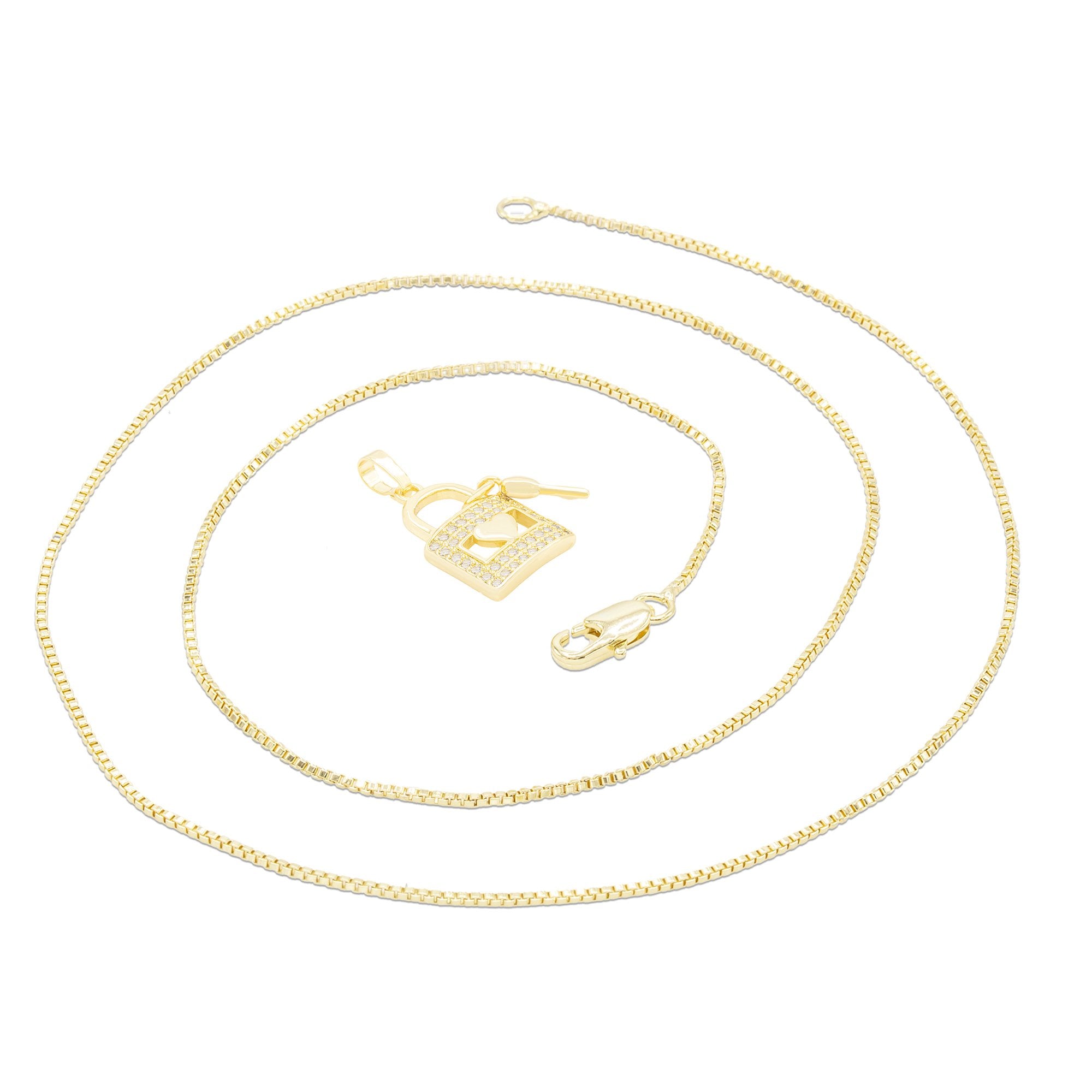 Cubic Zirconia 14K Gold Filled Lock Heart Key Pendant Necklace Set