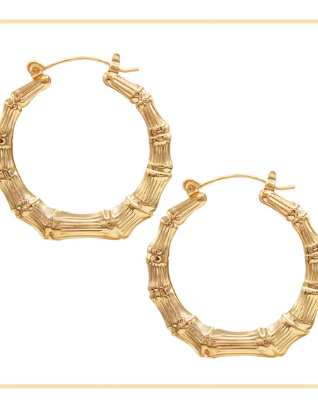 Bamboo Hoop Earrings 14K Gold Plated Women Jewelry 40 mm