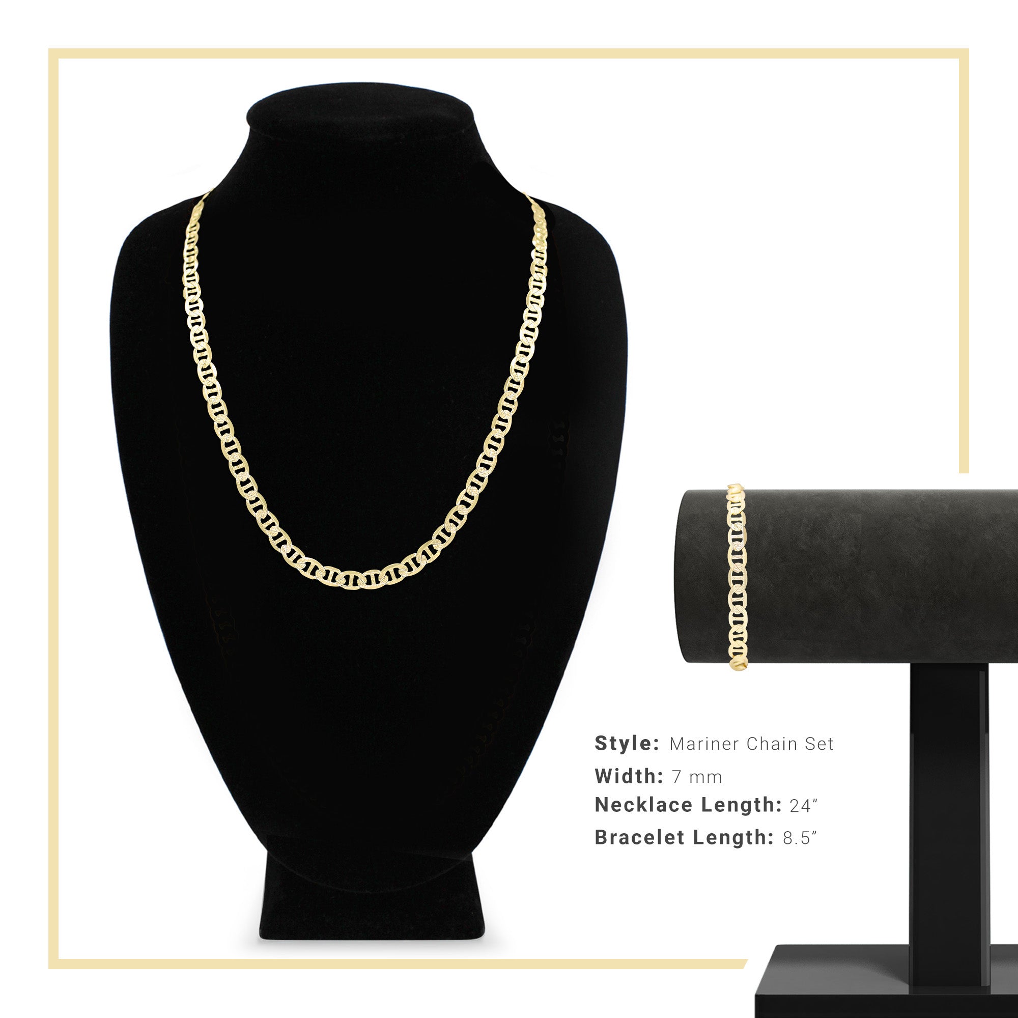 Diamond-Cut 14K Gold Filled Mariner Chain Necklace 24" Bracelet 8.5" Set 7 mm