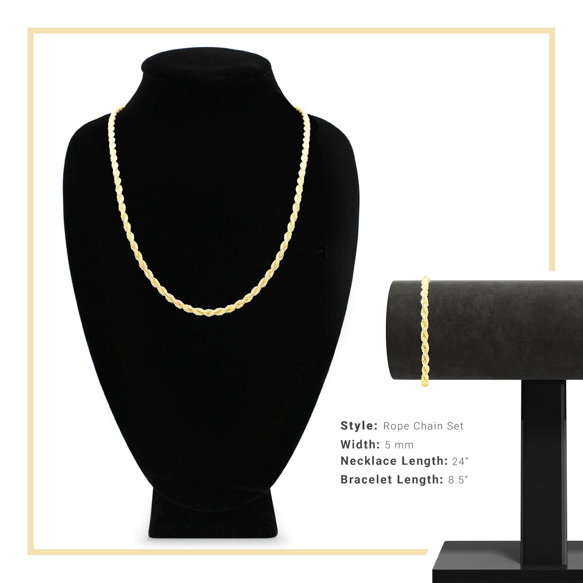 14K Gold Filled Rope Chain Necklace 24" Bracelet 8.5" Set for Men 5 - 6 mm