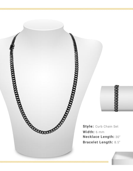 Black Cuban Link Chain Necklace 30" Bracelet 8.5" Stainless Steel Set For Men