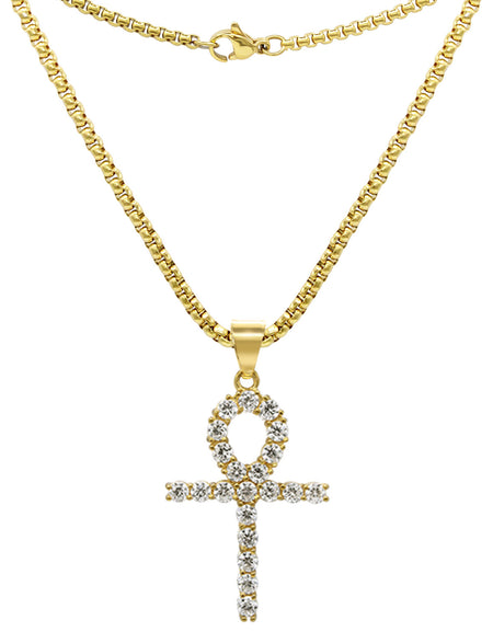 Ankh 1 Pendant Cubic Zirconia with Necklace Set 14K Gold Plated