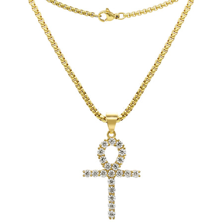 Ankh 1 Pendant Cubic Zirconia with Necklace Set 14K Gold Plated