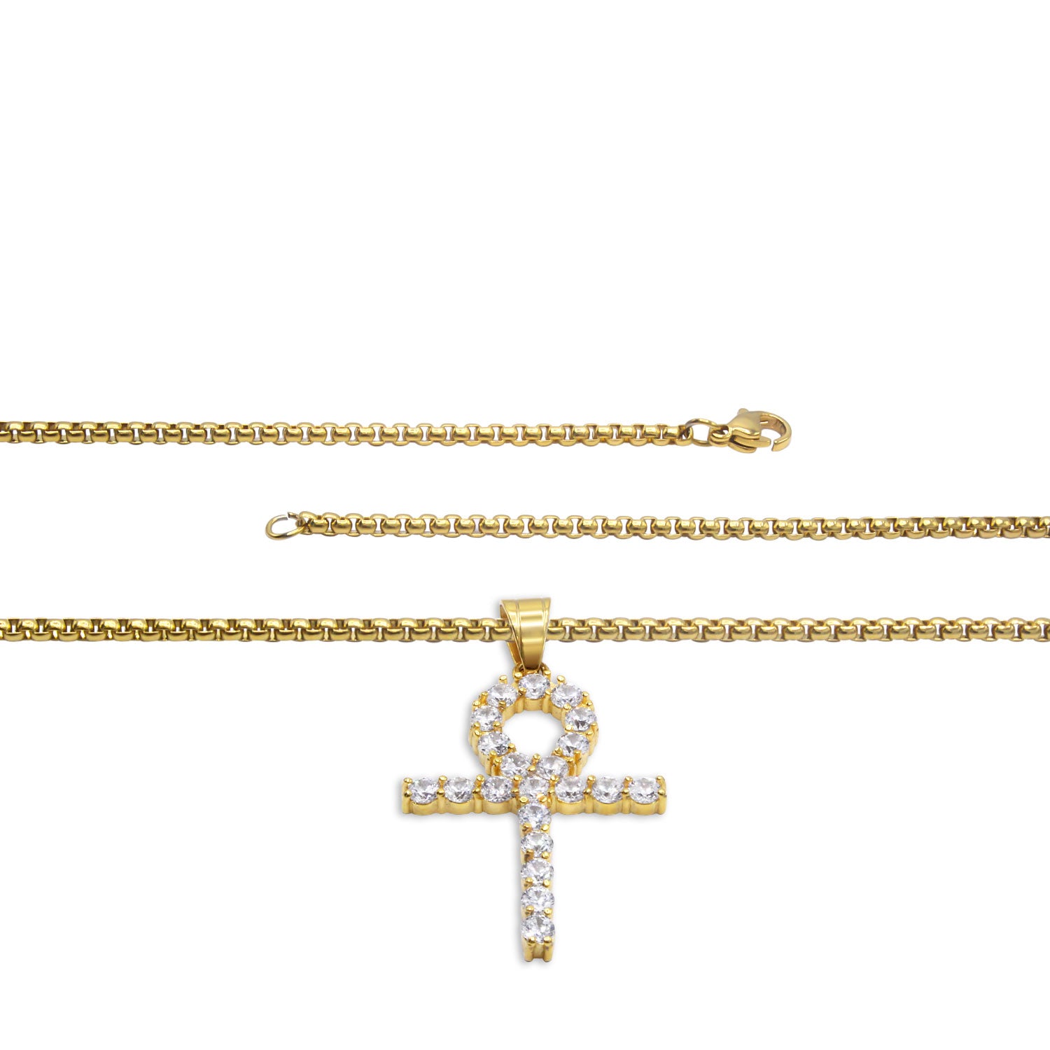 Ankh 1 Pendant Cubic Zirconia with Necklace Set 14K Gold Plated