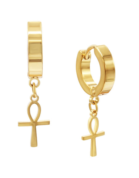 Ankh Cross Pendant Huggie Hoops 14K Gold Plated Silver Black Earrings