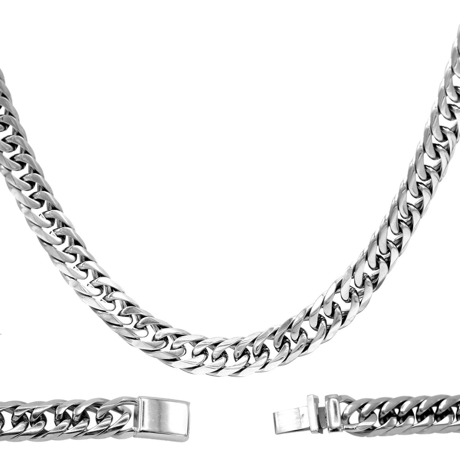 Mens Gold Stainless Steel Square Link Chain Necklace with Cubic Zirconia