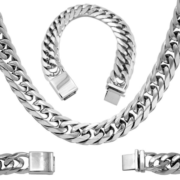 Miami Cuban Link Necklace Bracelet Stainless Steel Set