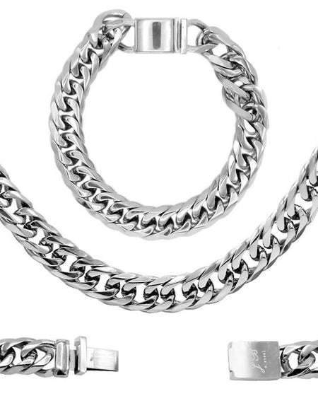 Miami Cuban Link Necklace Bracelet Stainless Steel Set