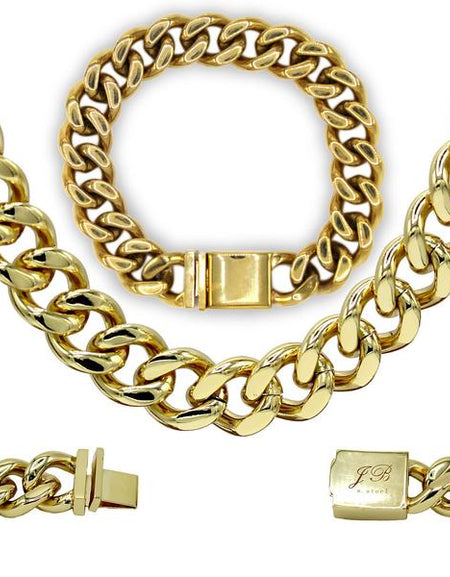 Miami Cuban Link Necklace Bracelet Set 18k Gold Plated Stainless Steel Fashion Jewelry