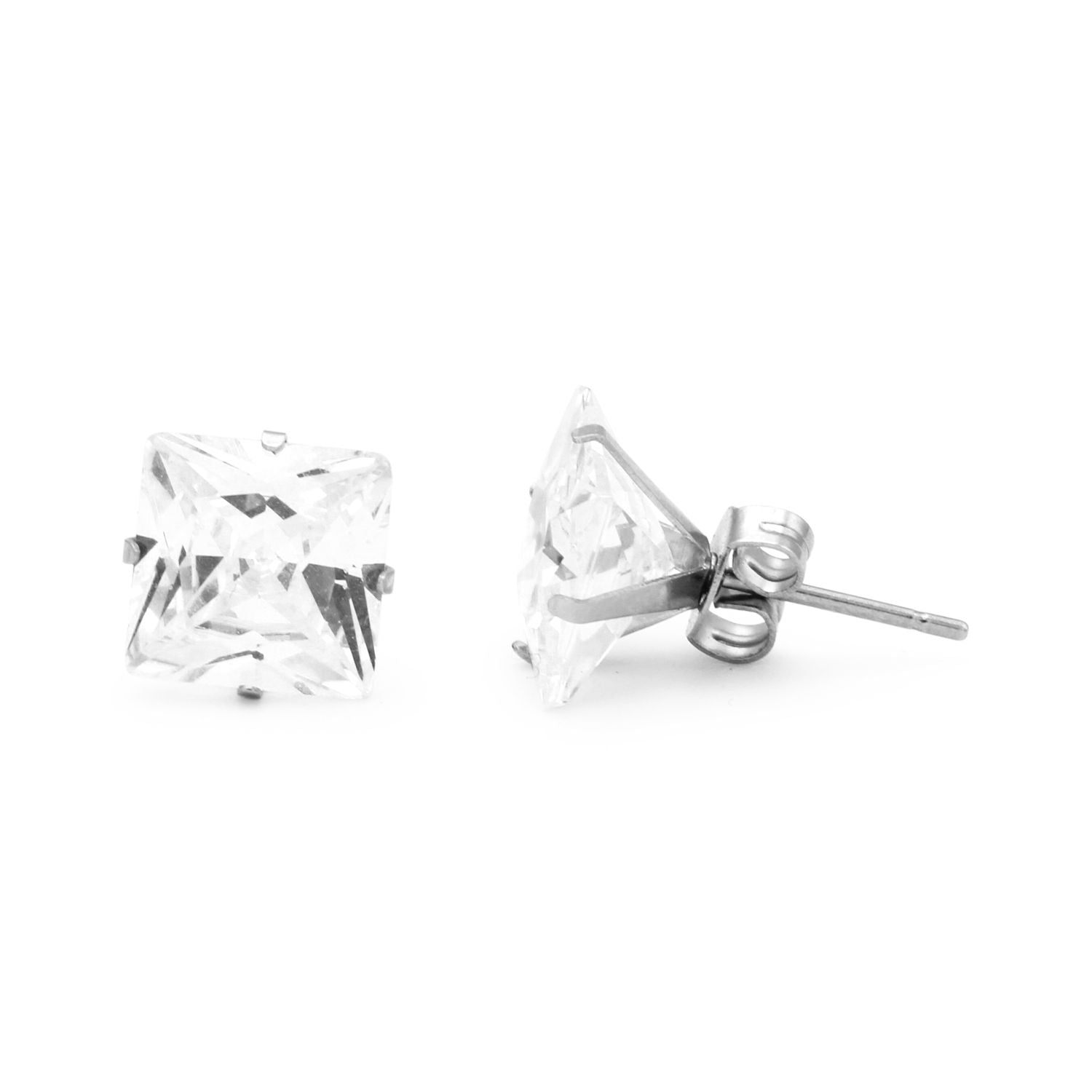 Cubic Zirconia Square Stud Earrings Stainless Steel Silver Jewelry Men Women