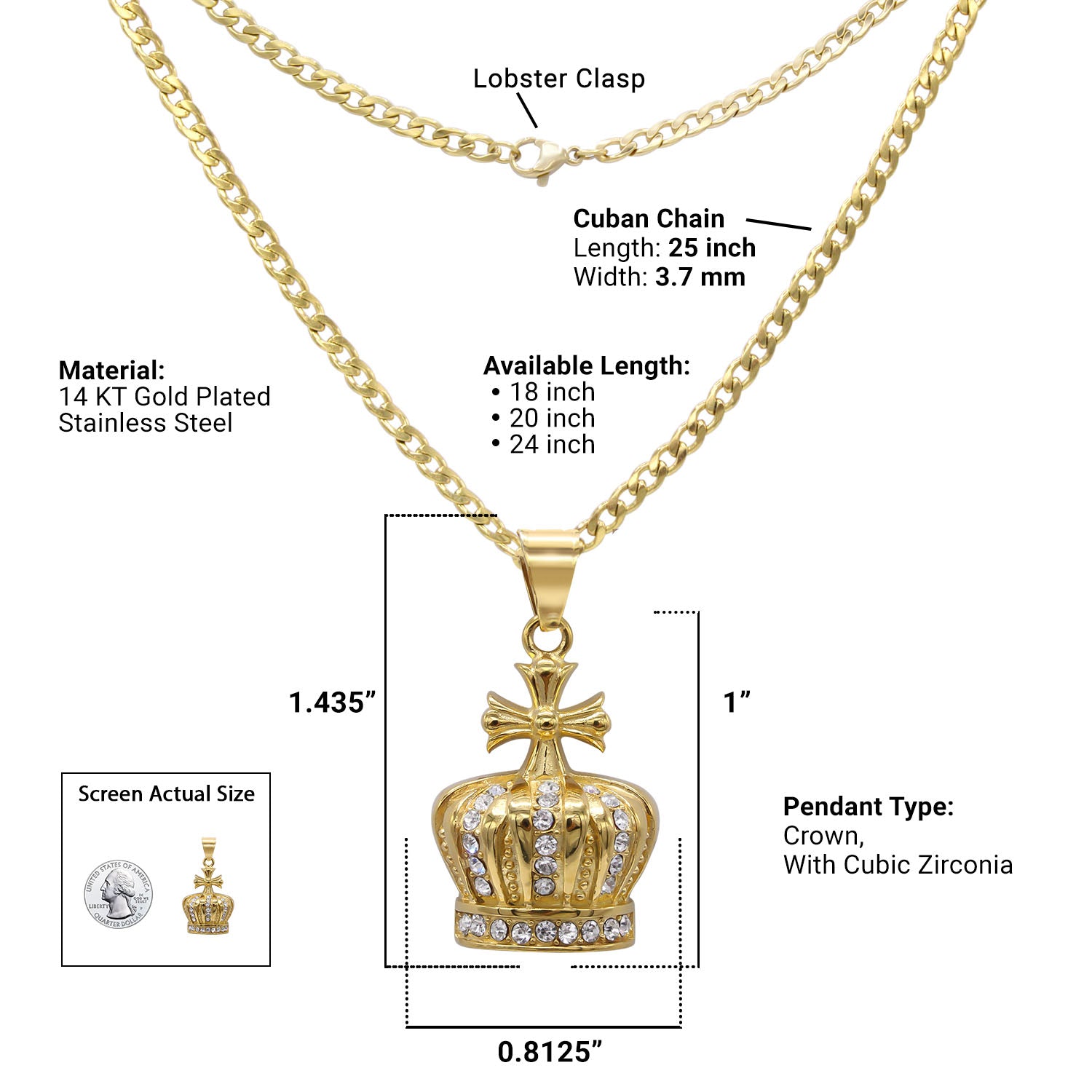 Crown Cubic Zirconia Pendant Necklace Set 14K Gold Plated