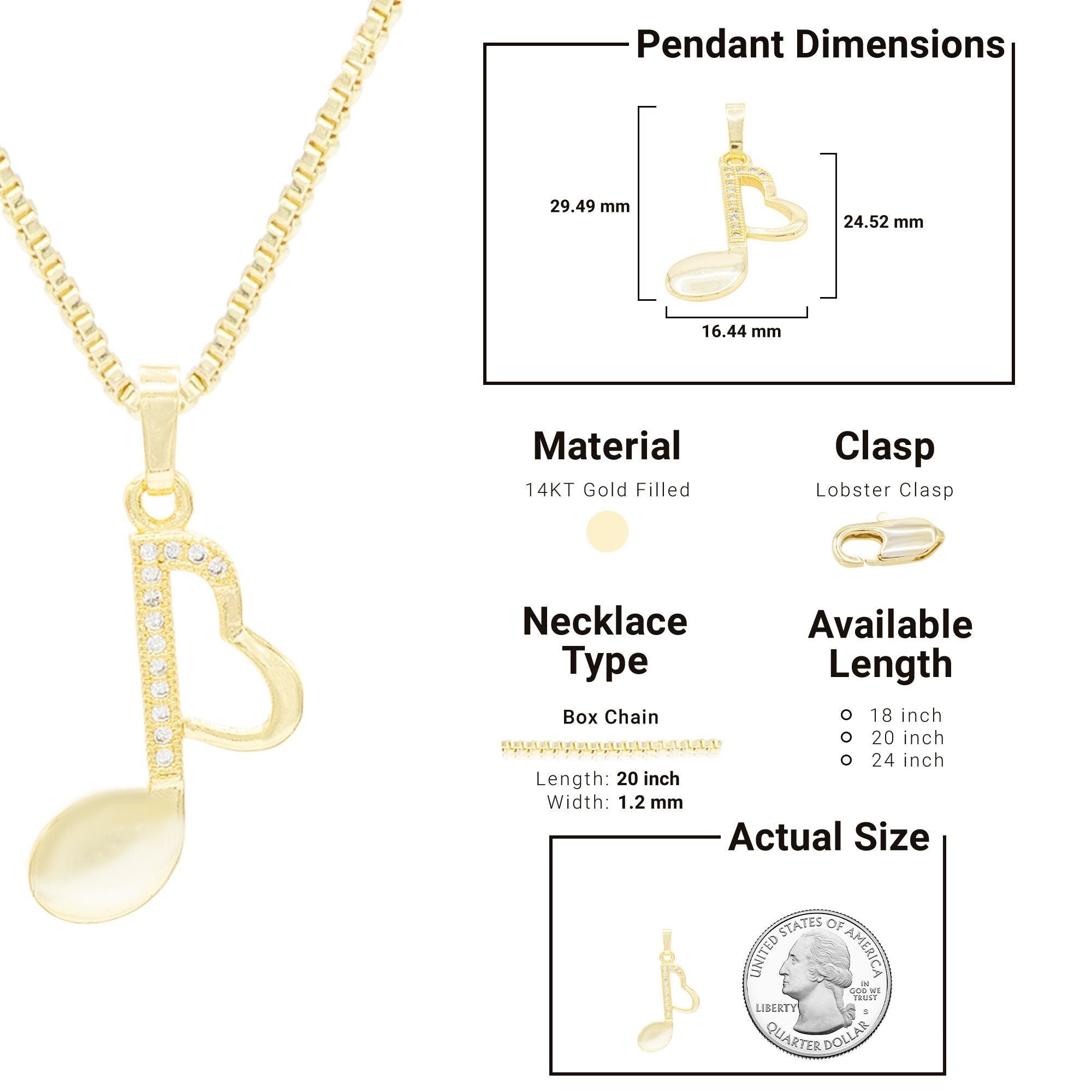 Cubic Zirconia 14K Gold Filled Music Heart Note Pendant Necklace Set