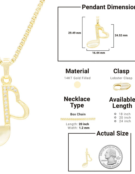 Cubic Zirconia 14K Gold Filled Music Heart Note Pendant Necklace Set