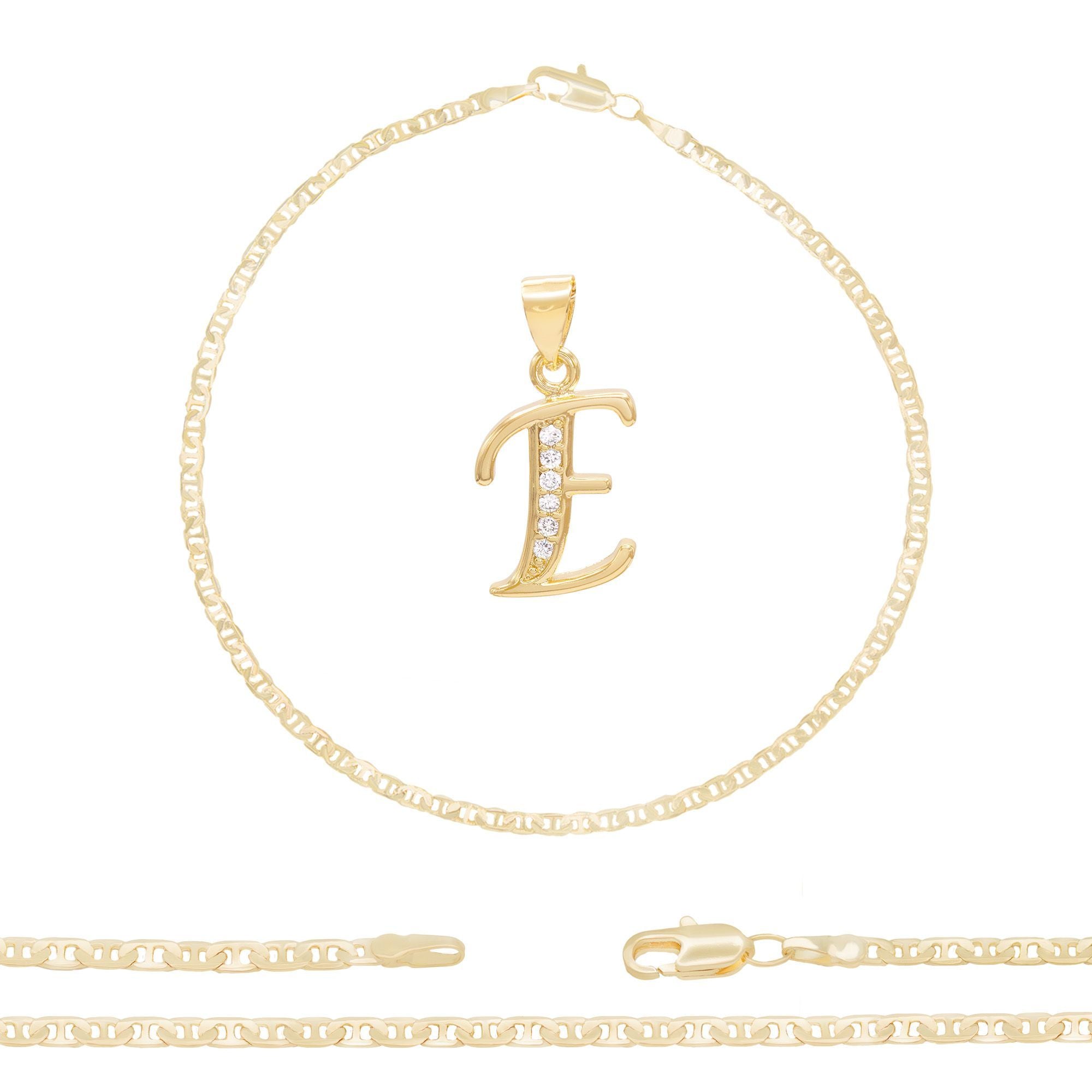 A-Z Initial Letter Pendant 14K Gold Filled Cubic Zirconia Mariner Chain Anklet 10" Set 3 mm  Women Jewelry