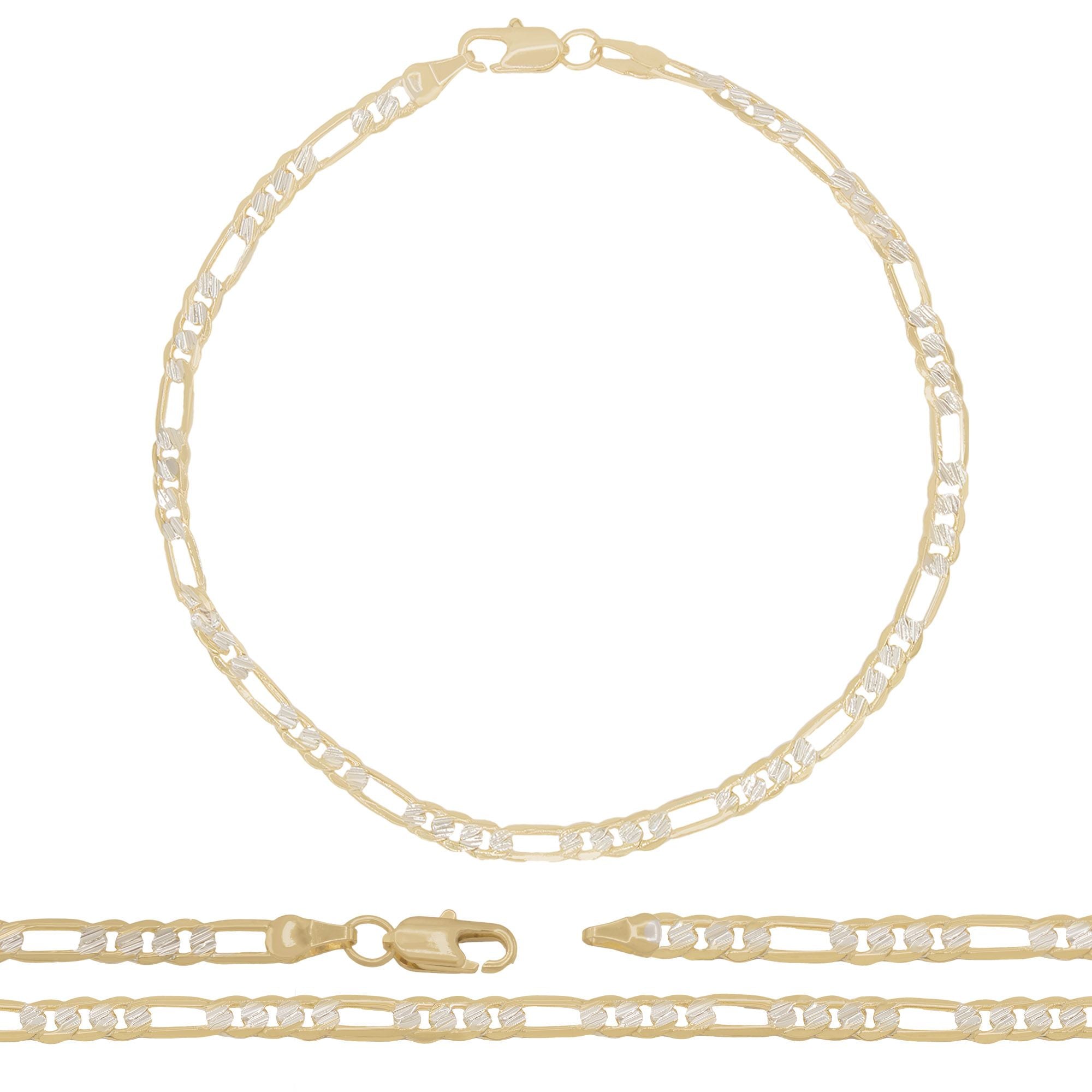 14K Gold Plated Sterling Silver Figaro Chain Anklet - Diamond-Cut Rope Ankle Bracelet For Women, 9-10 Inch, Made In Italy