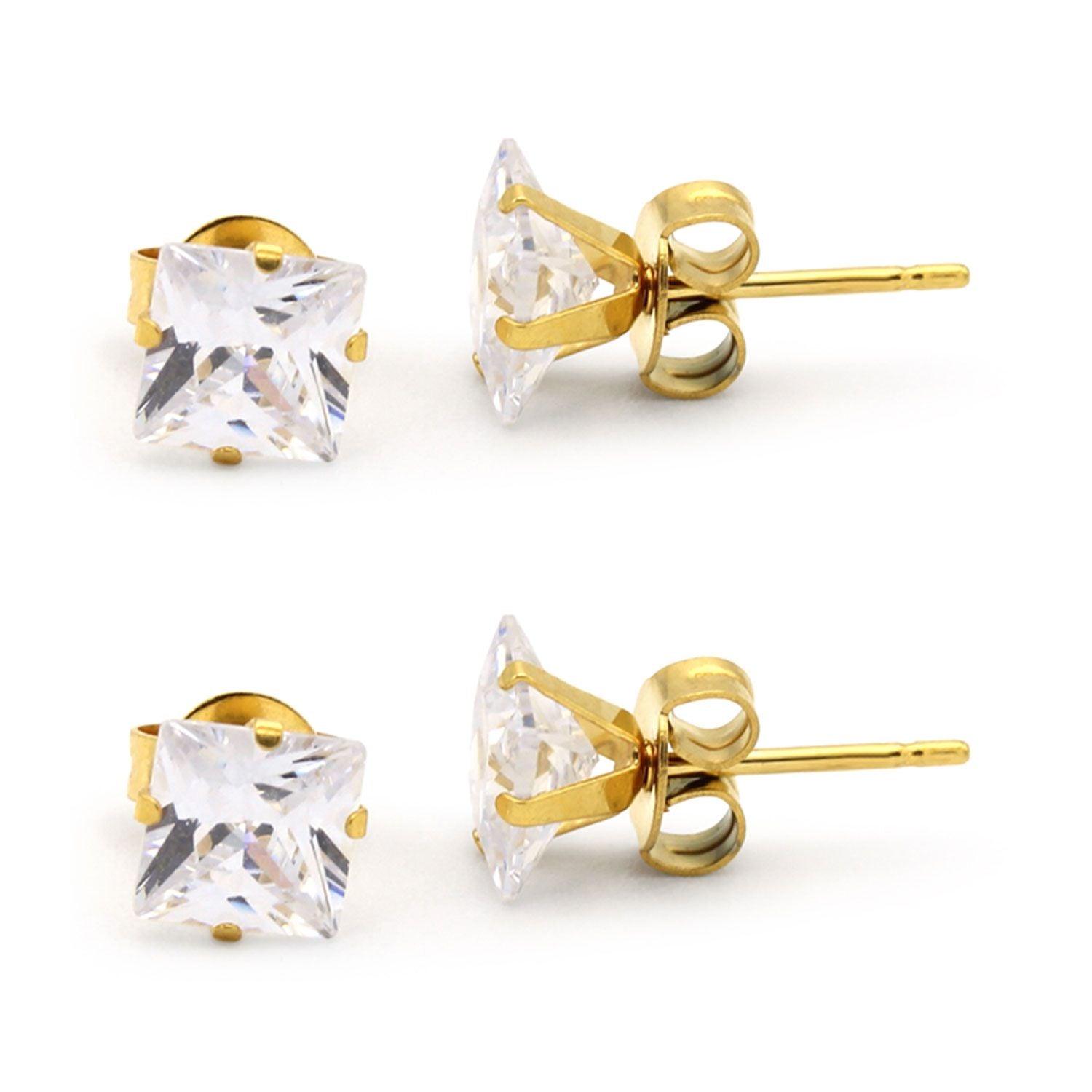 Cubic Zirconia Square 14K Gold Plated Stud Earrings Set Of 2 Stainless Steel Jewelry Men Women