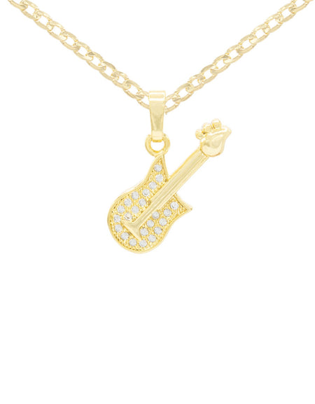 Cubic Zirconia 14K Gold Filled Rock Guitar Pendant Necklace Set