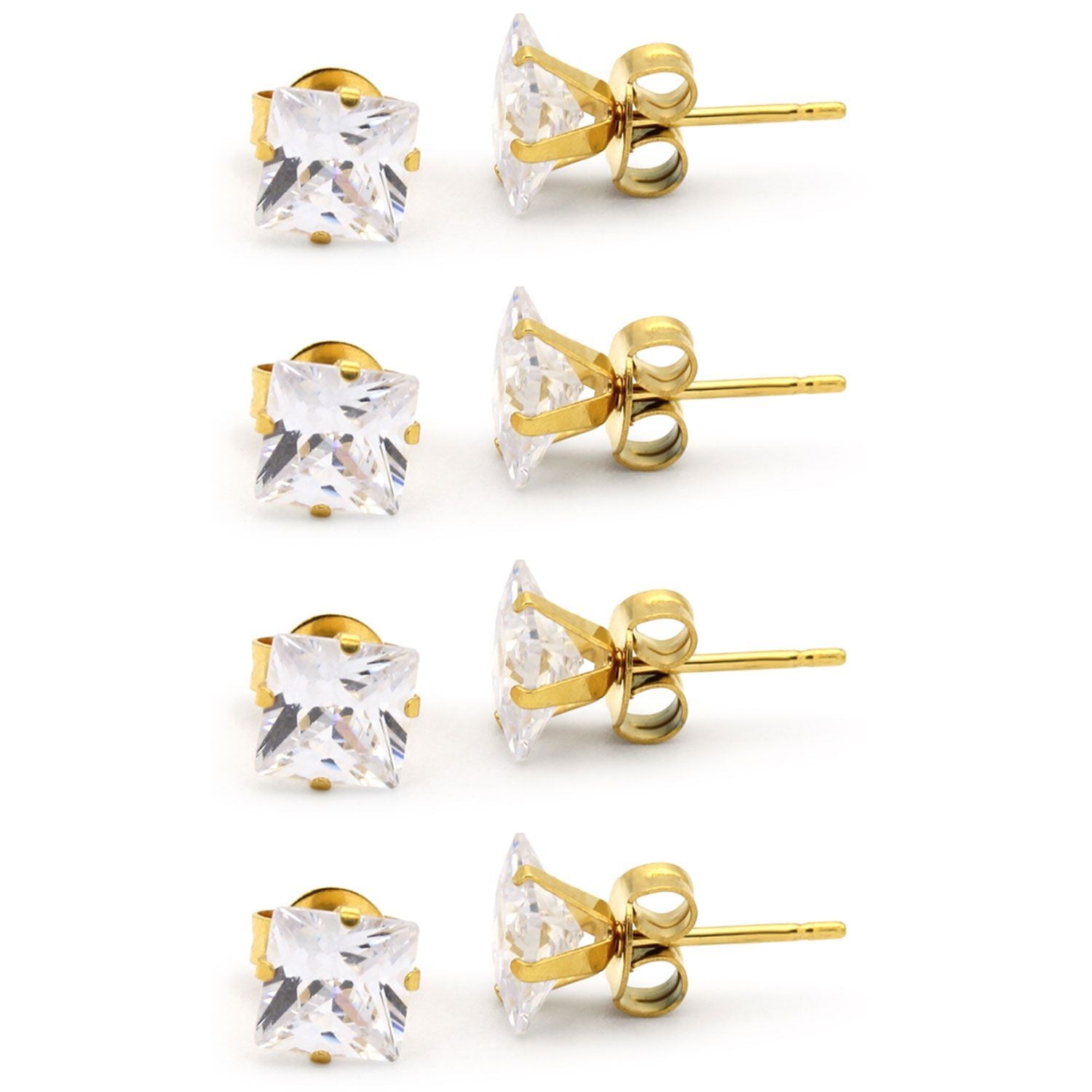 Cubic Zirconia Square 14K Gold Plated Stud Earrings Set Of 4 Stainless Steel Jewelry Men Women