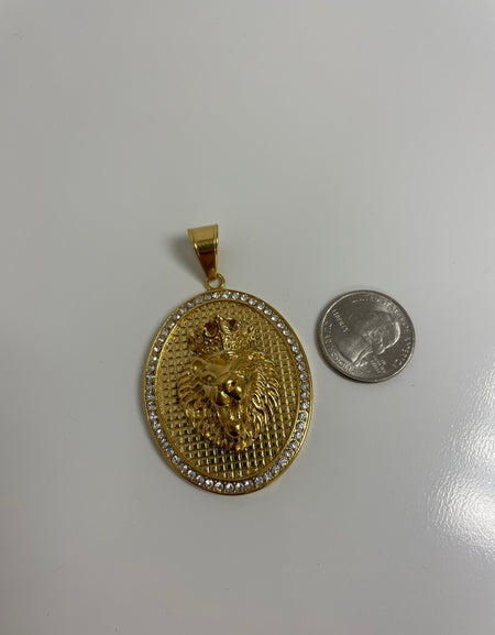 Lion Medallion Oval Pendant with 14K Gold Plated Franco Necklace 3mm 24" Set