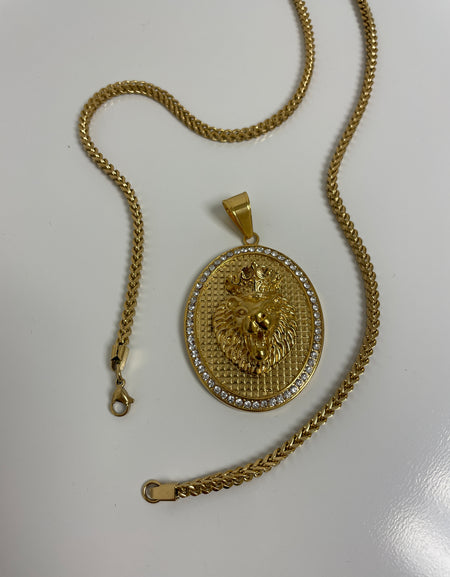 Lion Medallion Oval Pendant with 14K Gold Plated Franco Necklace 3mm 24" Set