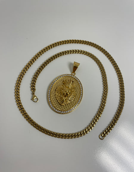 Lion Medallion Oval Pendant with 14K Gold Plated Cuban Link Necklace 5mm 24" Set
