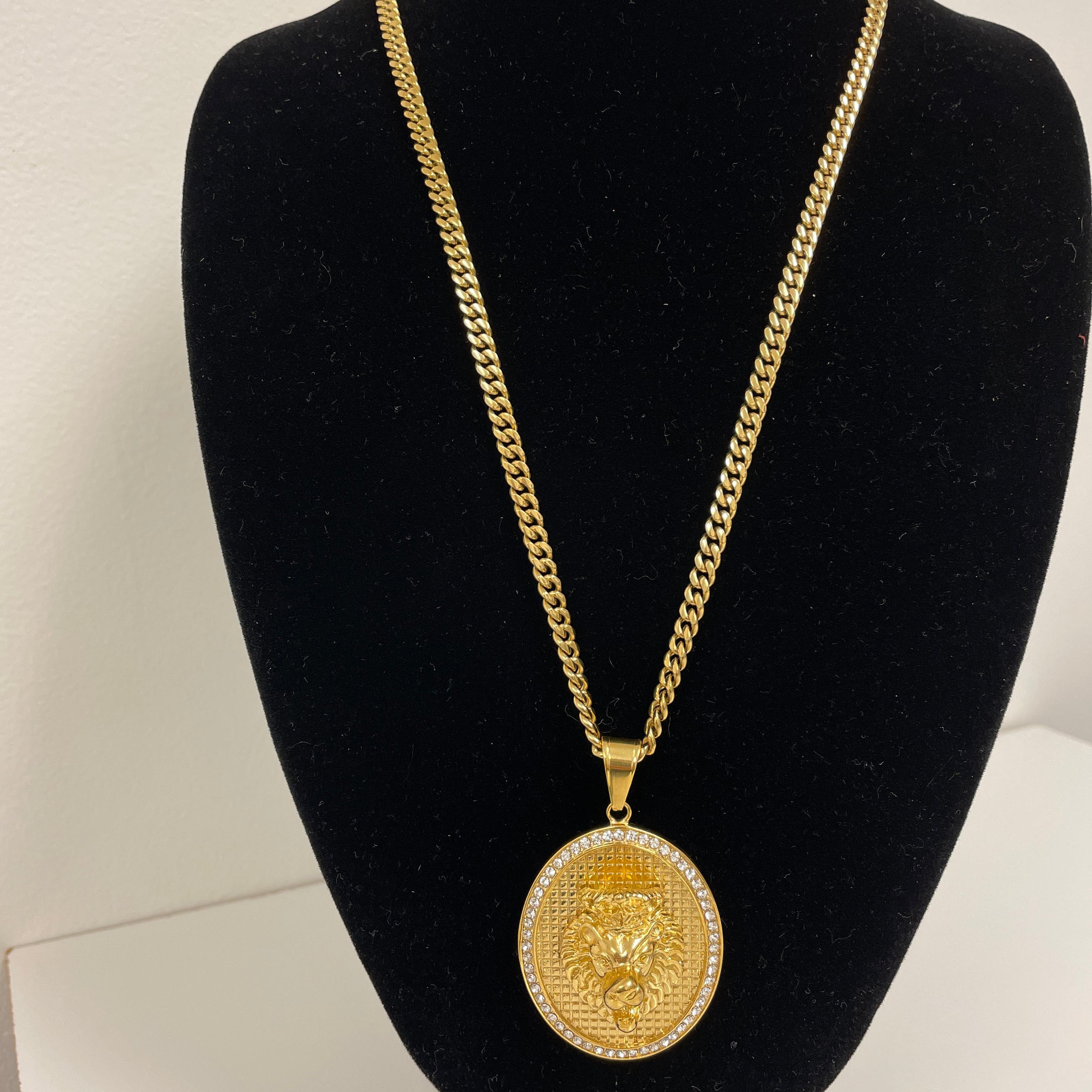 Lion Medallion Oval Pendant with 14K Gold Plated Cuban Link