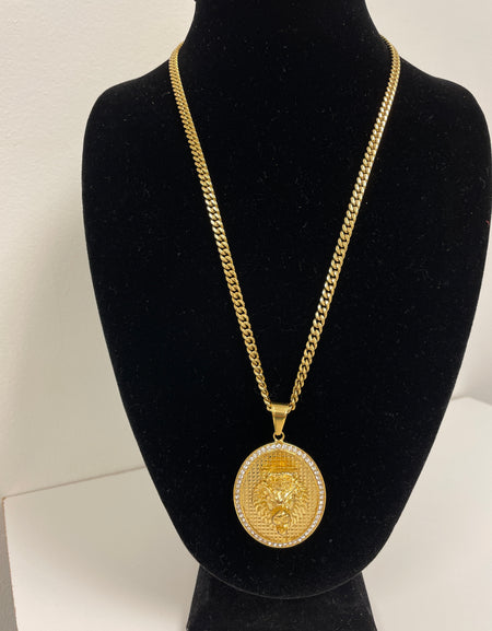Lion Medallion Oval Pendant with 14K Gold Plated Cuban Link Necklace 5mm 24" Set