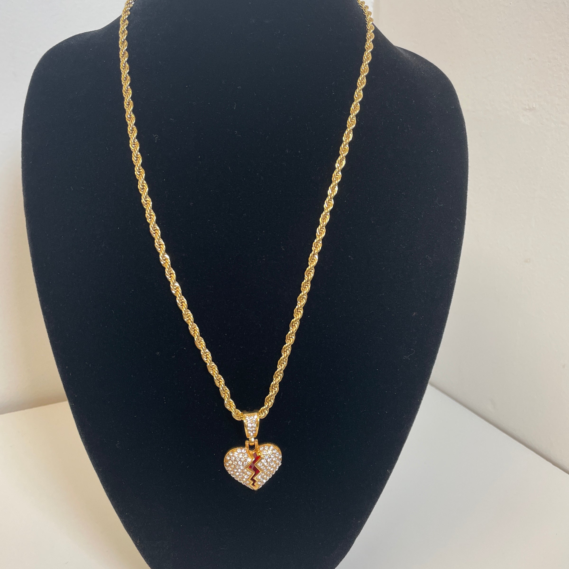 Red Broken Heart Pendant with 14K Gold Filled Rope Necklace 4mm 24" Chain Set