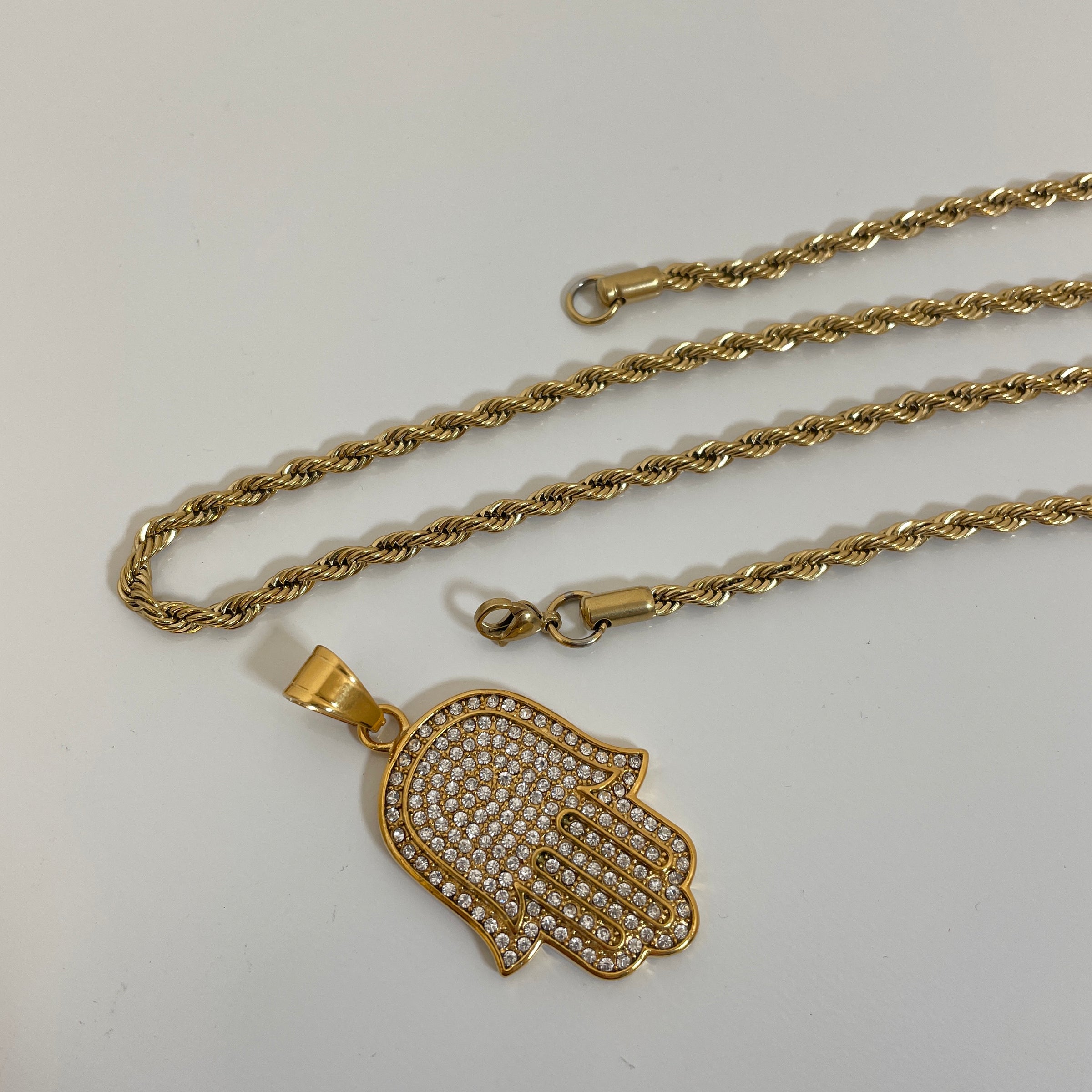 Hamsa Pendant with 14K Gold Filled Rope Necklace 4mm 24" Chain Set for Men or Women