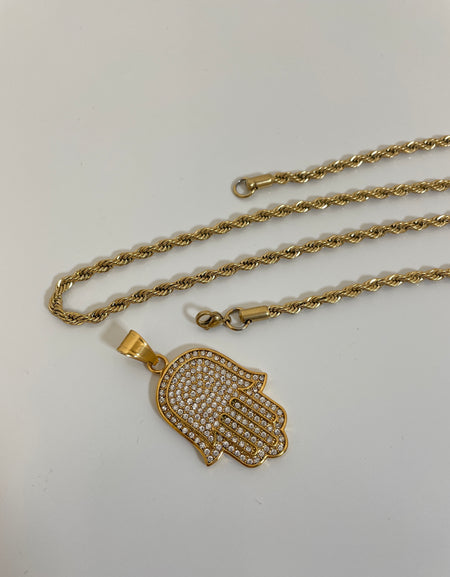 Hamsa Pendant with 14K Gold Filled Rope Necklace 4mm 24" Chain Set for Men or Women