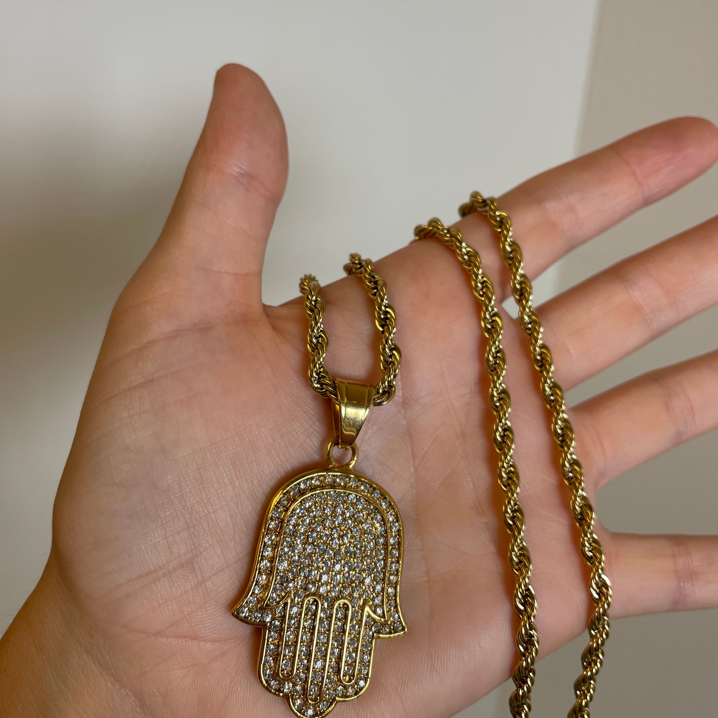 Hamsa Pendant with 14K Gold Filled Rope Necklace 4mm 24 Chain Set for Men or Women