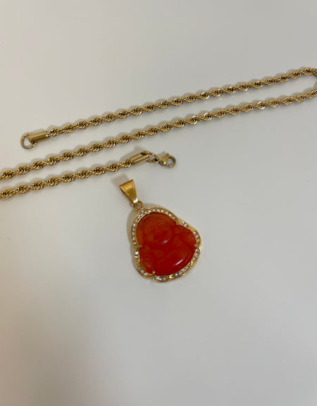 Red Buddha Pendant with 14K Gold Plated Rope Necklace 4mm 24" Chain Set