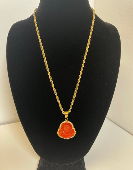 Red Buddha Pendant with 14K Gold Plated Rope Necklace 4mm 24" Chain Set