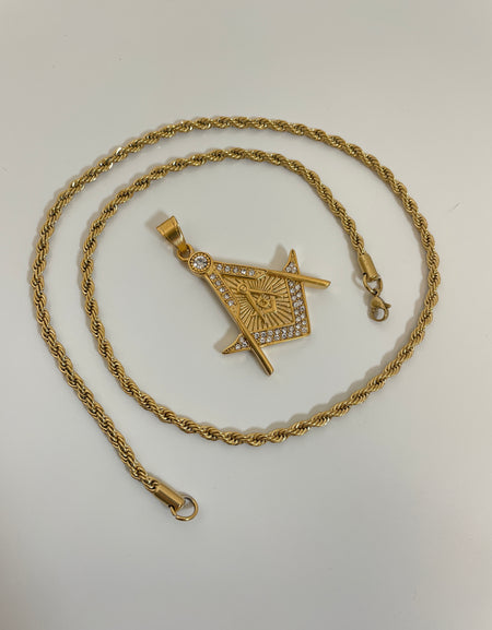 Mason Pendant with 14K Gold Filled Rope Necklace Chain 4mm 24" Set for Men or Women