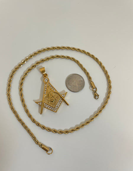 Mason Pendant with 14K Gold Filled Rope Necklace Chain 4mm 24" Set for Men or Women