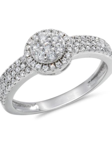 CZ 5mm Center Stone Halo Style Band White Gold Plated, Wedding Ring, Engagement Ring, Promise Ring