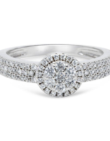 CZ 5mm Center Stone Halo Style Band White Gold Plated, Wedding Ring, Engagement Ring, Promise Ring