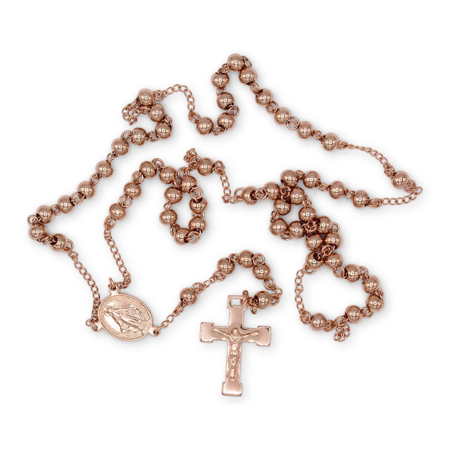 Traditional Rose Gold Rosary Necklace Five Decade Catholic Prayer Beads 10mm